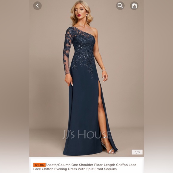 Navy Blue One Shoulder Chiffon Dress with Sliit - Picture 4 of 6